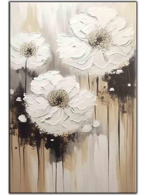 Tablo Dekor Krem Zemin Üzerine Beyaz Çiçekler Yağlıdoya Dokulu Tablo