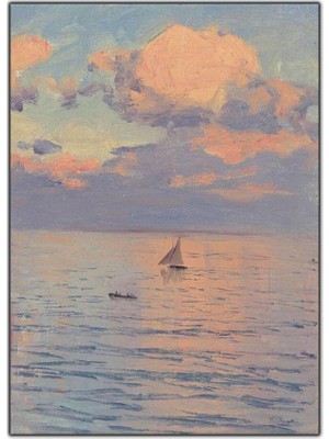 Tablo Dekor Gün Batımında Deniz ve Yelkenli Yağlı Boya Dokulu Tablo