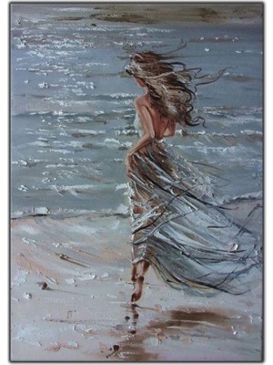 Tablo Dekor Deniz Kenarında Yürüyen Elbiseli Kadın Yağlı Boya Dokulu Tablo