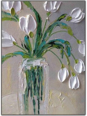 Tablo Dekor Vazodaki Beyaz Çiçekler Yağlı Boya Dokulu Tablo