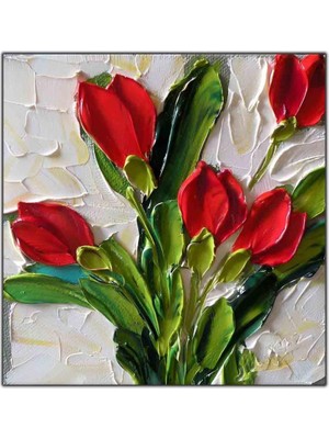 Tablo Dekor Tasarım Kırmızı Çiçek Yağlı Boya Dokulu Tablo