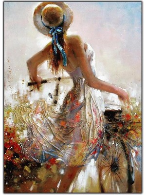 Tablo Dekor Bisikletli Kadın Yağlı Boya Dokulu Tablo