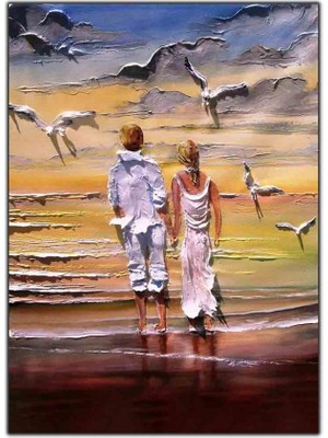 Tablo Dekor Denizde Gün Batımına Karşı Yürüyen Çift Yağlı Boya Dokulu Tablo