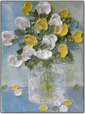 Tablo Dekor Sarı ve Beyaz Çiçekler Yağlı Boya Dokulu Tablo