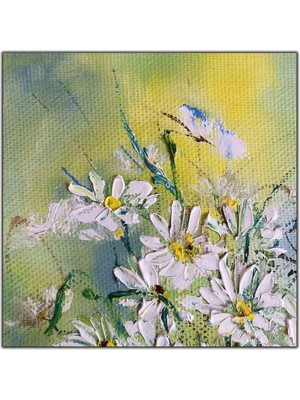 Tablo Dekor Beyaz Papatyalar Yağlı Boya Dokulu Tablo