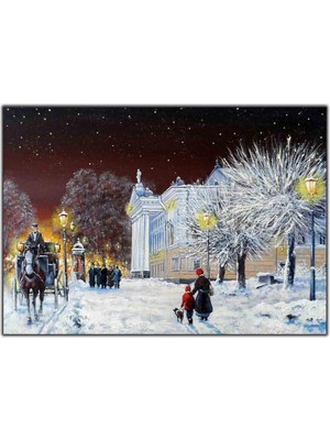 Tablo Dekor Kış Akşamı Manzarası Yağlı Boya Dokulu Tablo