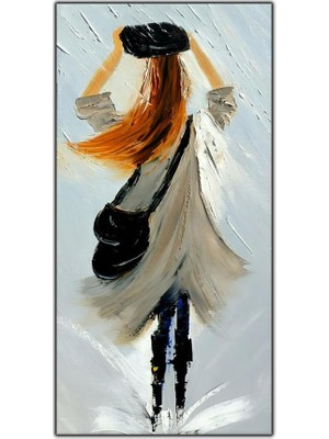 Tablo Dekor Yağmur Altında Islanan Kadın Yağlı Boya Dokulu Tablo