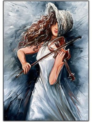 Tablo Dekor Keman Çalan Kıvırcık Saçlı Kadın Yağlı Boya Dokulu Tablo