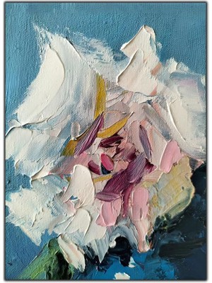 Tablo Dekor Soyut Pembe ve Beyaz Yapraklı Çiçek Yağlı Boya Dokulu Tablo