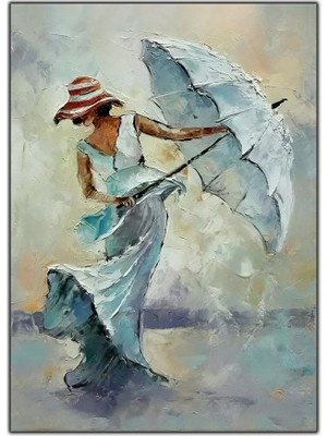 Tablo Dekor Beyaz Elbiseli ve Şemsiyeli Kadın Yağlı Boya Dokulu Tablo