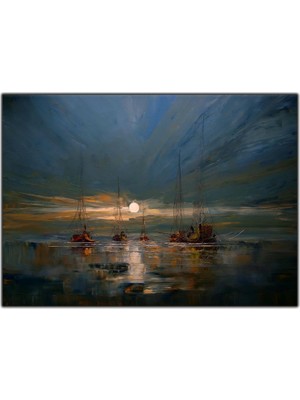 Tablo Dekor Gün Doğumu ve Gemiler Yağlı Boya Dokulu Tablo