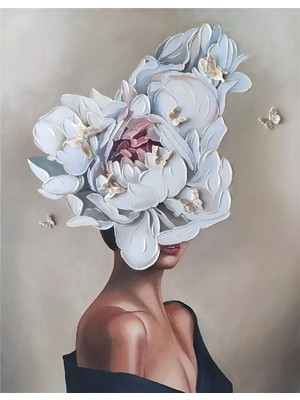 Tablo Dekor Kelebekli Çiçek Saçlı Kadın Yağlı Boya Dokulu Tablo