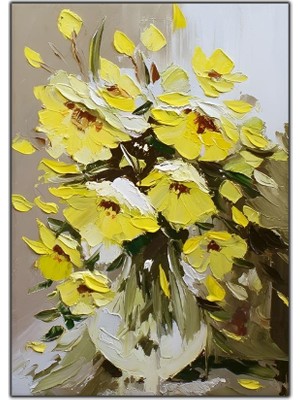 Tablo Dekor Vazodaki Sarı Çiçekler Yağlı Boya Dokulu Tablo