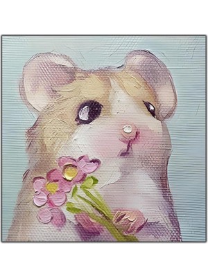 Tablo Dekor Pembe Çiçekli Hamster Yağlı Boya Dokulu Tablo