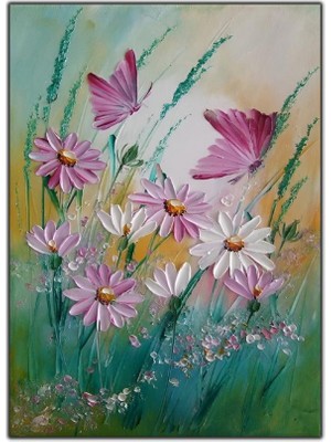 Tablo Dekor Pembe Çicekler ve Pembe Kelebek Yağlı Boya Dokulu Tablo