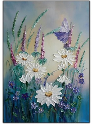 Tablo Dekor Papatyalar ve Mor Kelebek Yağlı Boya Dokulu Tablo