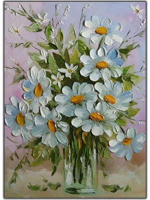 Tablo Dekor Vazodaki Papatyalar Yağlı Boya Dokulu Tablo