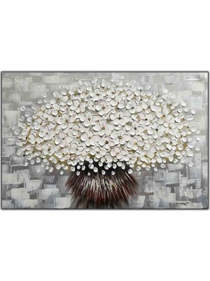 Tablo Dekor Beyaz Yapraklı Çiçekler Yoğun Yağlı Boya Dokulu Tablo