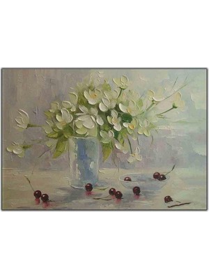 Tablo Dekor Cam Vazodaki Beyaz Çiçekler ve Kirazlar Yoğun Yağlı Boya Dokulu Tablo