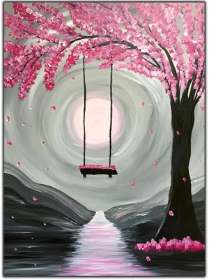 Tablo Dekor Gece Yarısında Salıncak ve Pembe Ağaçlar Yoğun Yağlı Boya Dokulu Tablo