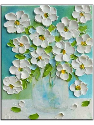 Tablo Dekor Cam Vazodaki Yeşil Yapraklı Beyaz Çiçek Yoğun Yağlı Boya Dokulu Tablo