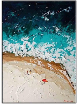 Tablo Dekor Dalgalı Deniz ve Kumsal Yağlı Boya Dokulu Tablo