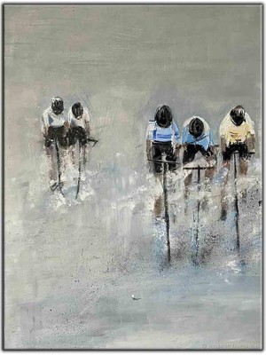 Tablo Dekor Bisiklet Yarışı Yapan Çocuklar Yağlı Boya Dokulu Tablo