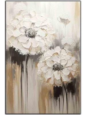 Tablo Dekor Kahve Tonları ve Beyaz Çiçekler Yoğun Yağlıboya Dökulu Tablolar