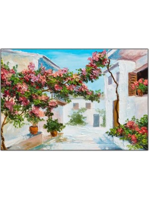 Tablo Dekor Bodrum Köy Evleri ve Kır Çiçekleri Ekstra Yoğun Yağlı Boya Dokulu Tablo