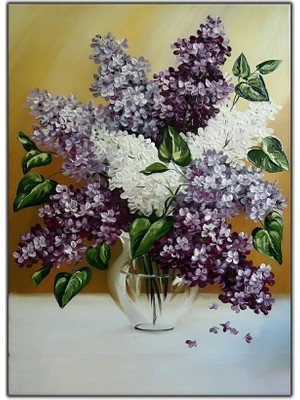 Tablo Dekor Beyaz Mor Çiçekler Ekstra Yoğun Yağlı Boya Dokulu Tablo