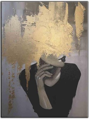 Tablo Dekor Altın Dokunuşlu Siyah Dudaklı Kadın Yağlı Boya Dokulu Tablo