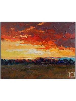 Tablo Dekor Gün Batımındaki Kırmızı Bulutlar Yağlı Boya Dokulu Tablo
