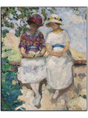 Tablo Dekor Duvarın Üstünde Oturan Beyaz Elbiseli Kızlar Yağlı Boya Dokulu Tablo