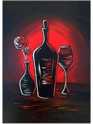 Tablo Dekor Şarap Kadeh ve Vazodaki Gül Yağlı Boya Dokulu Tablo