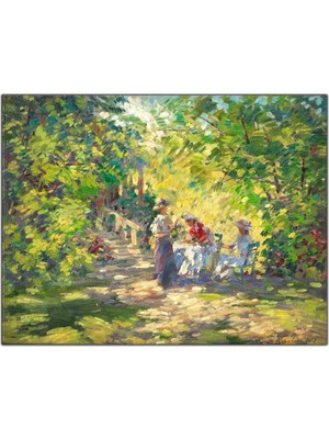 Tablo Dekor Yeşil Ağaçların Altındaki Kızlar Yağlı Boya Dokulu Tablo