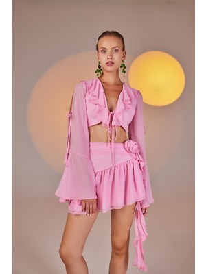 Holly Lolly Fırfırlı Şifon Carmen Bluz Pembe