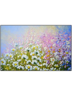 Tablo Dekor Beyaz Papatyalar Ekstra Yağlı Boya Dokulu Tablo