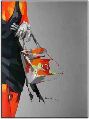 Tablo Dekor Elinde Çantası Olan Kırmızı Tenli Kadın Yağlı Boya Dokulu Tablo