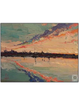 Tablo Dekor Pembe ve Mor Bulutların Altındaki Siyah Şehir Yağlı Boya Dokulu Tablo