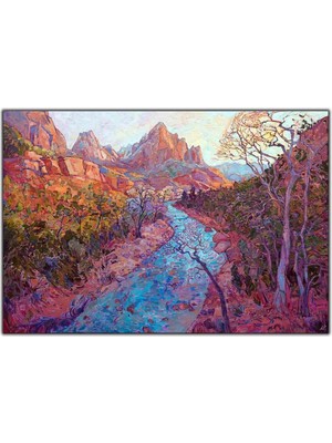 Tablo Dekor Küçük Irmak ve Ağaçlar Yağlı Boya Dokulu Tablo