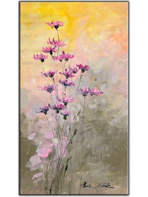 Tablo Dekor Pembe Yapraklı Çiçekler Yağlı Boya Dokulu Tablo