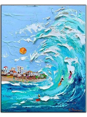 Tablo Dekor Büyük Dalgada Sörf Yapan Insanlar Yağlı Boya Dokulu Tablo