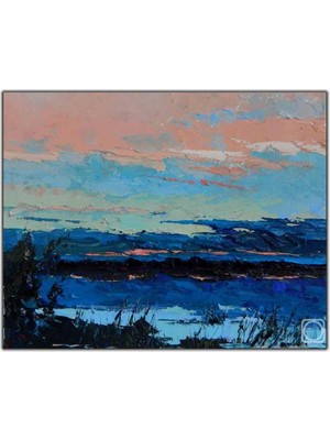 Tablo Dekor Siyah Otların Arkasındaki Mavi Deniz ve Pembe Gökyüzü Yağlı Boya Dokulu Tablo
