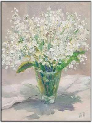 Tablo Dekor Bardaktaki Beyaz Çiçekler Yağlı Boya Dokulu Tablo