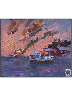 Tablo Dekor Pembe Bulutların Altındaki Küçük Beyaz Tekne Yağlı Boya Tablo