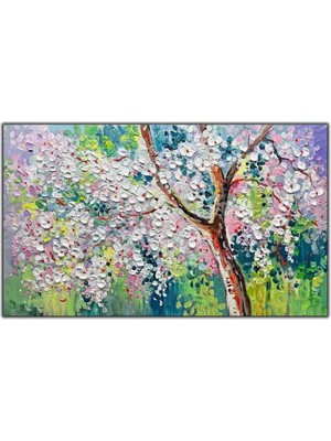 Tablo Dekor Beyaz Çiçekli Ağaç Yoğun Yağlı Boya Dokulu Tablo