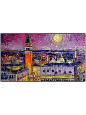 Tablo Dekor Gün Batımındaki Şehir Yağlı Boya Dokulu Tablo
