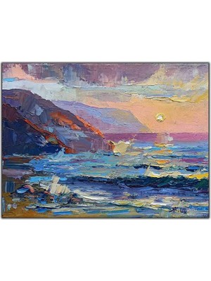 Tablo Dekor Dağ Manzaralı Deniz ve Gün Batımı Yağlı Boya Dokulu Tablo