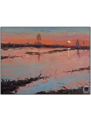 Tablo Dekor Nehire Yansıyan Gün Batımı Yağlı Boya Dokulu Tablo