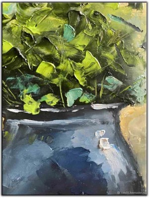 Tablo Dekor Lacivert Saksıdaki Çiçekler Yağlı Boya Dokulu Tablo